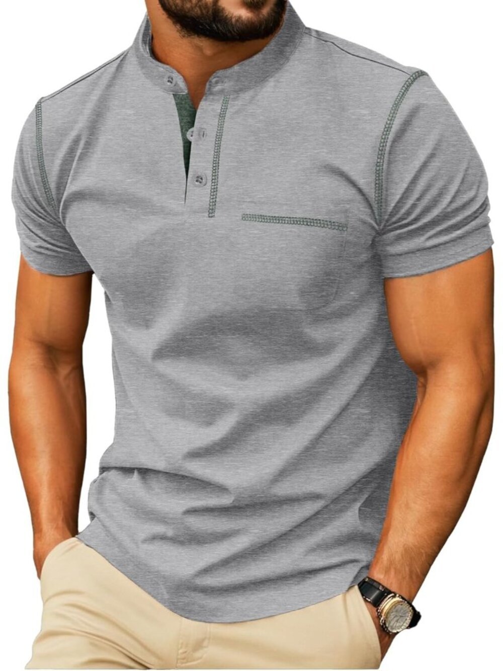 Men's Light Gray Short Sleeve Summer Casual Classic Cotton Henley Neck T Shirts